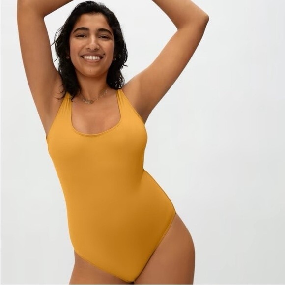 Everlane Women sz S Marigold Yellow Square Neck One Piece Swim Cheeky Open Back - Picture 1 of 8